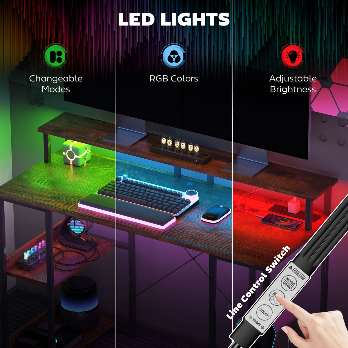 LED Computer Desk with UK Sockets