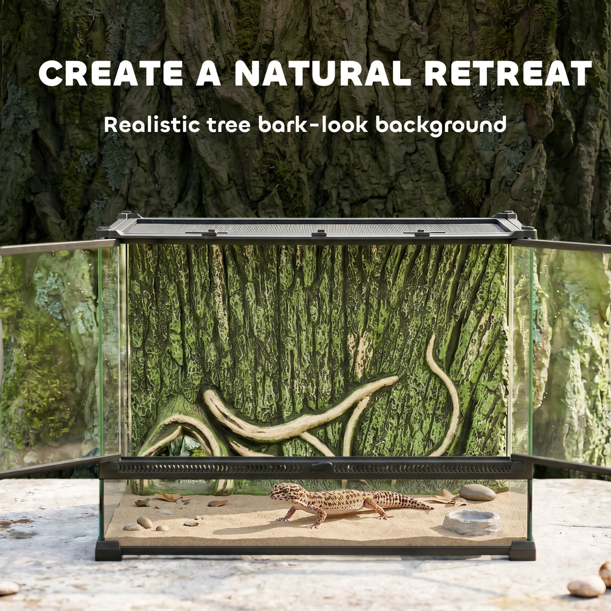 Glass vivarium with bark background, 48 litres