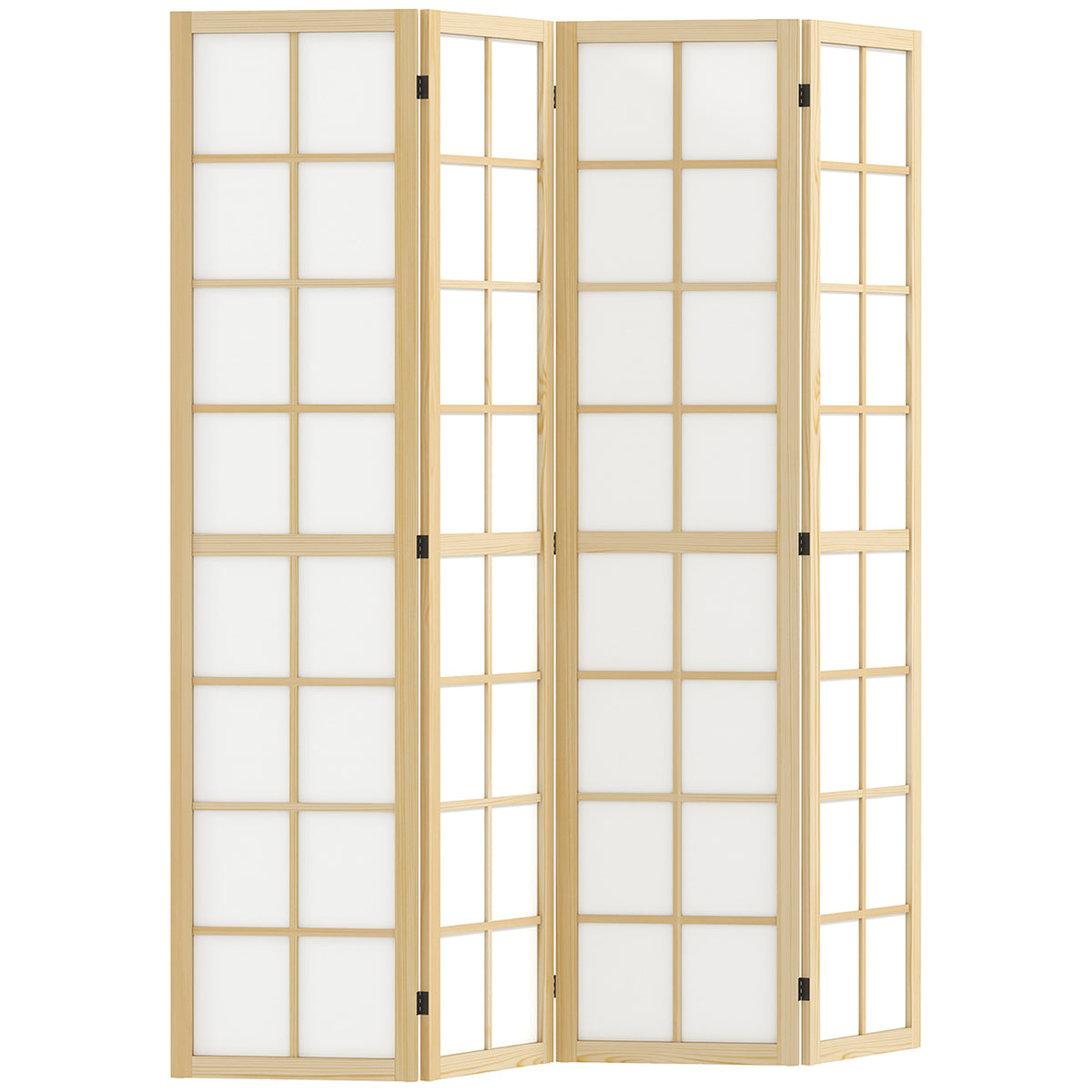 Natural wood and white fabric 4-panel room divider