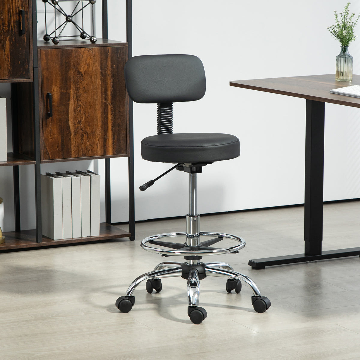 Black draughtsman stool with backrest and footrest