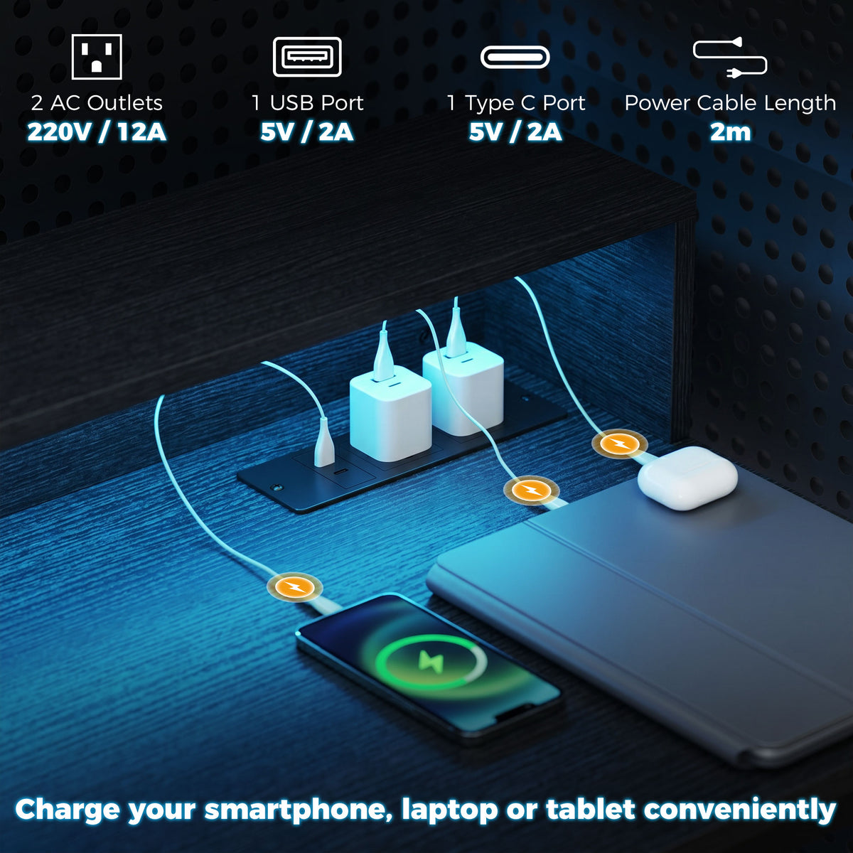 LED Computer Desk with Power Outlets