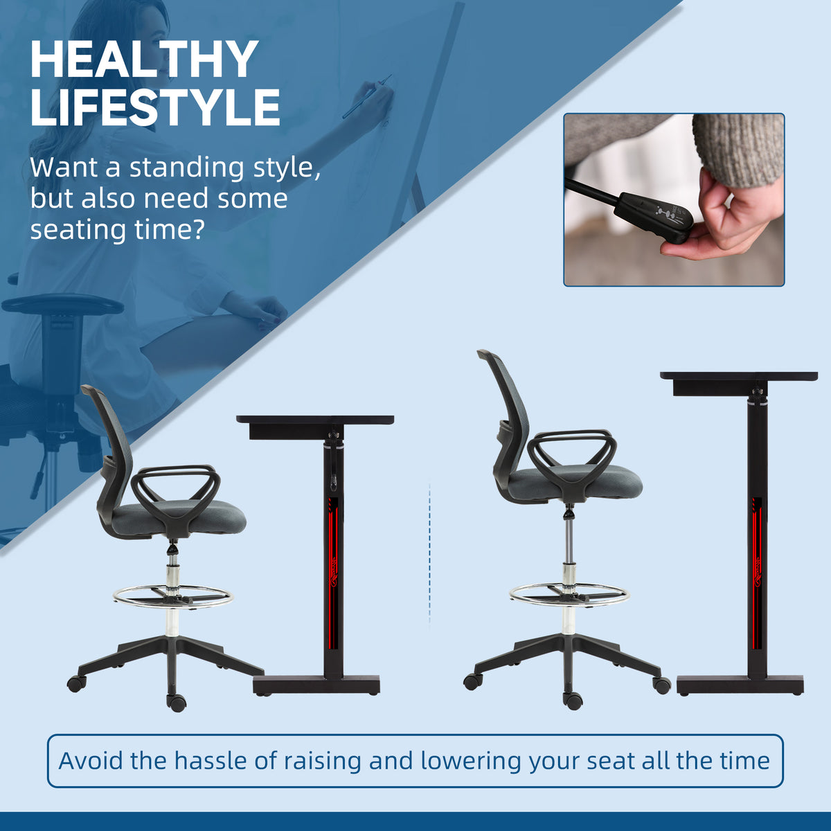 Grey ergonomic draughtsman chair with armrests