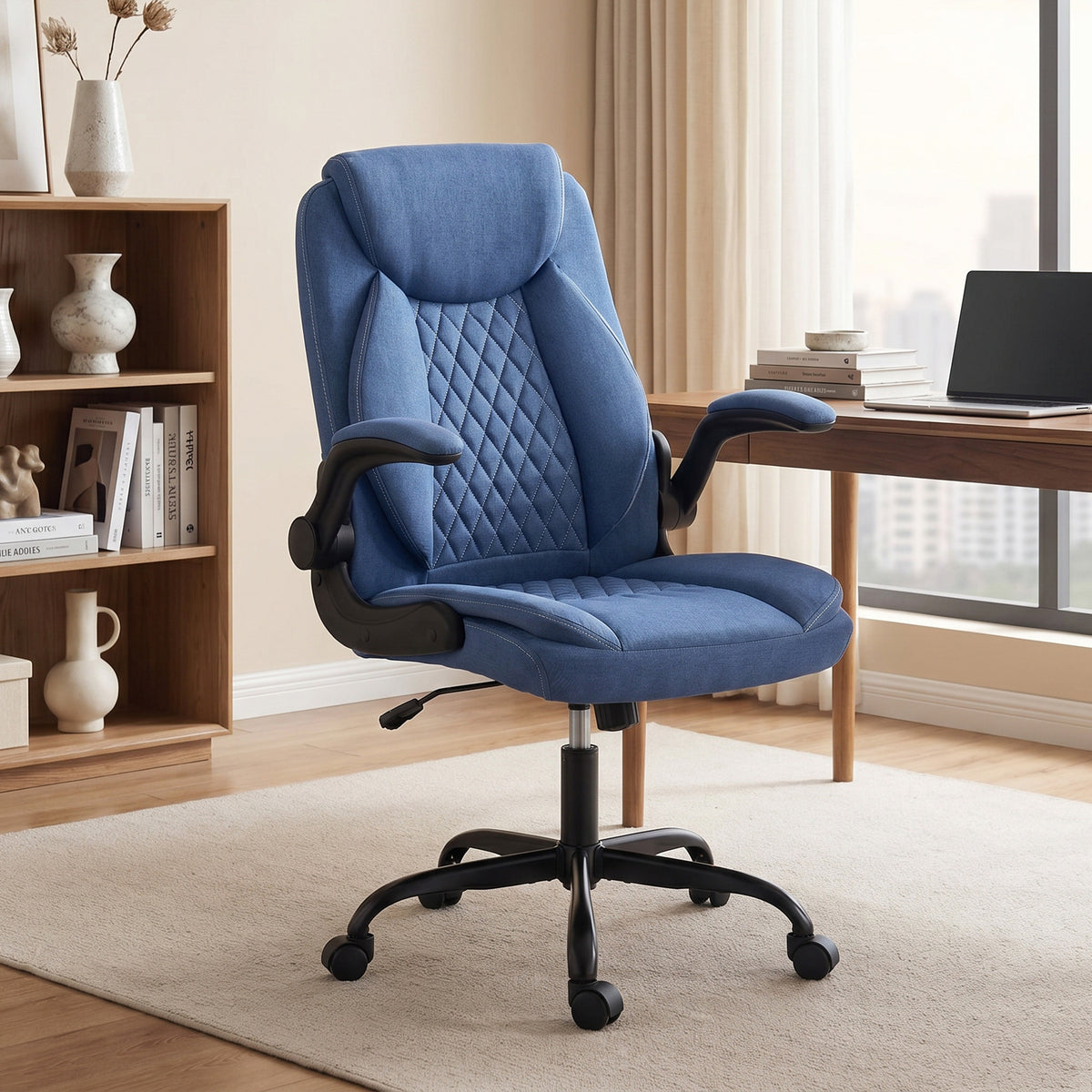 Linen-Look Office Chair with Flip-Up Arms, Blue