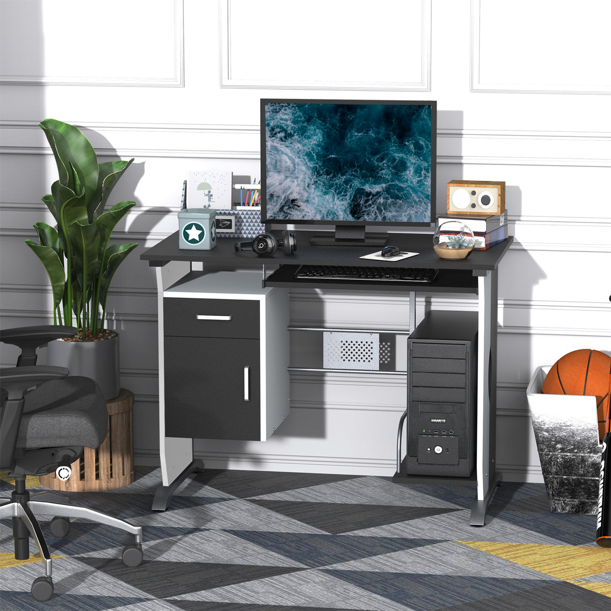 Compact black computer desk with keyboard tray, 100cm, photo 4