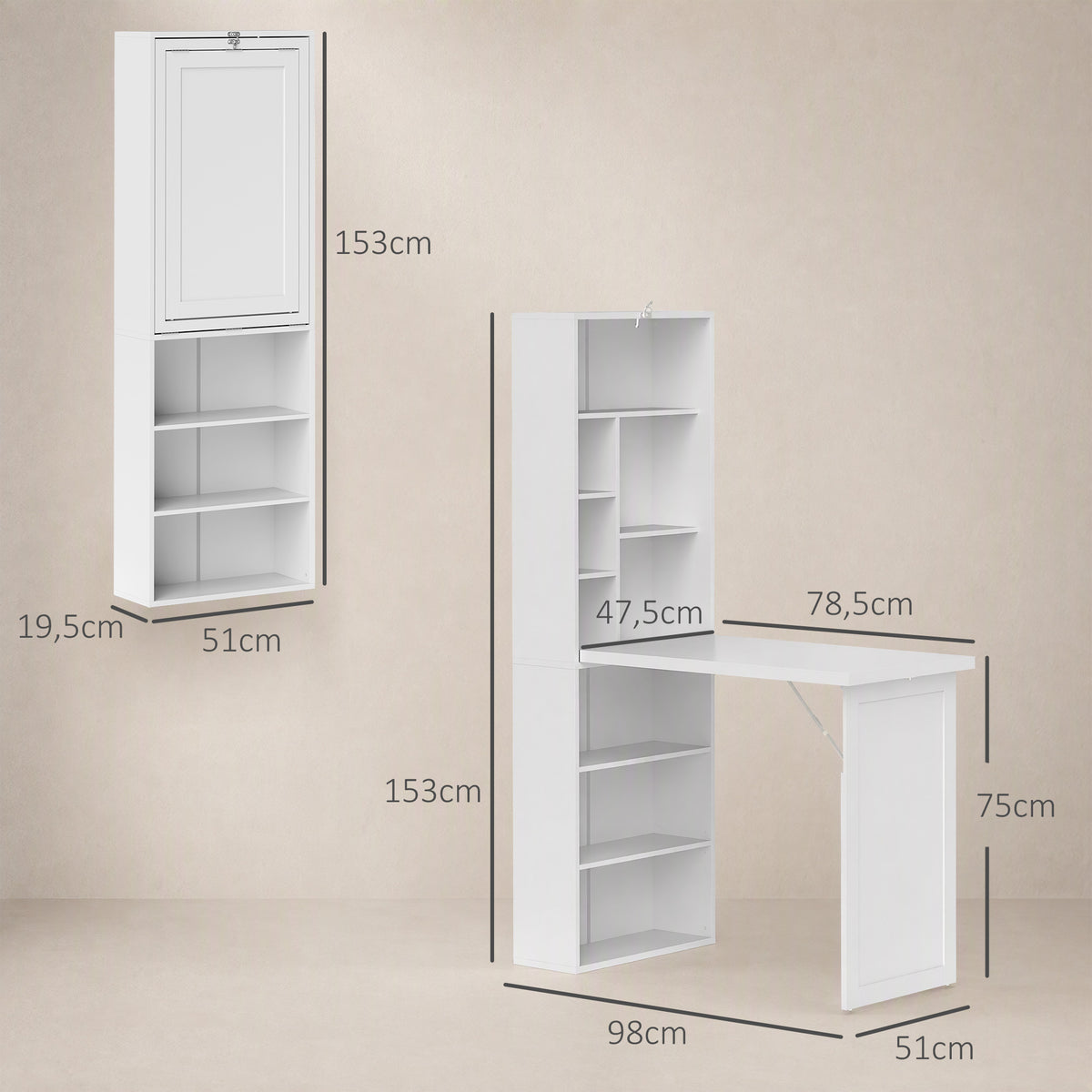 Fold-away desk with bookcase white - view 6