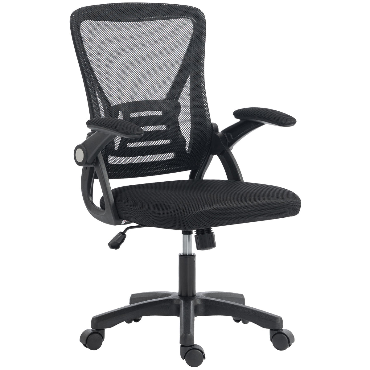 Black ergonomic mesh office chair with lift-up armrests