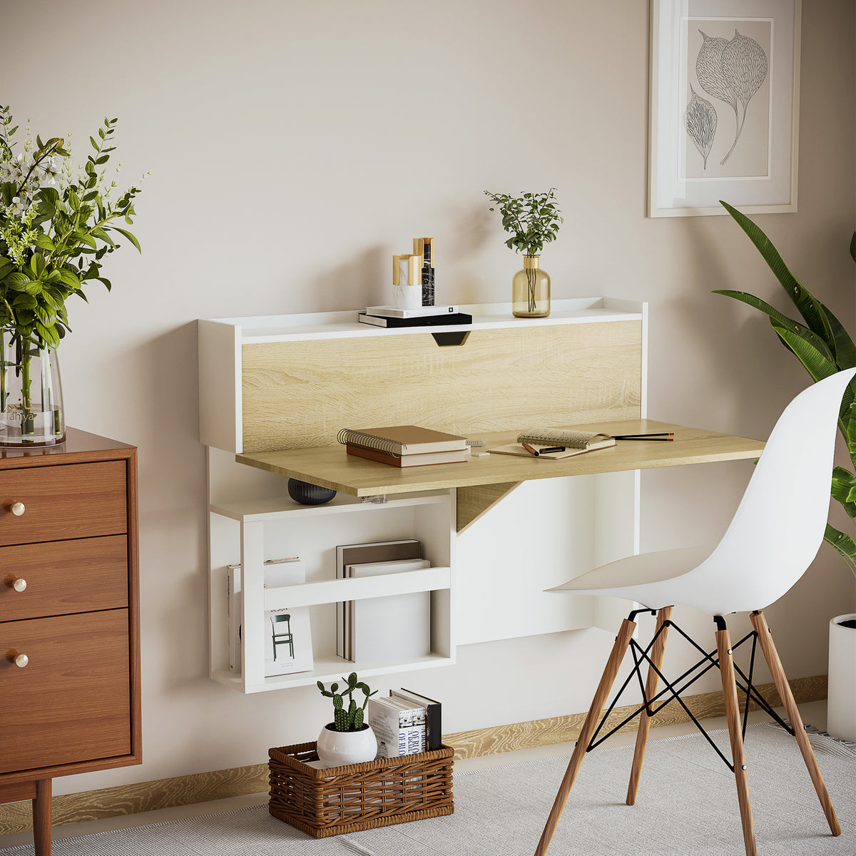 Fold-down wall desk with storage cupboard, 100cm, natural wood